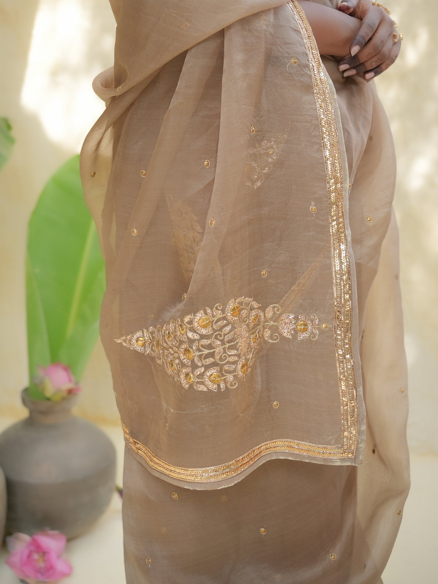 Champagne Gold Organza Saree with Zari Border & Sequin Buttas