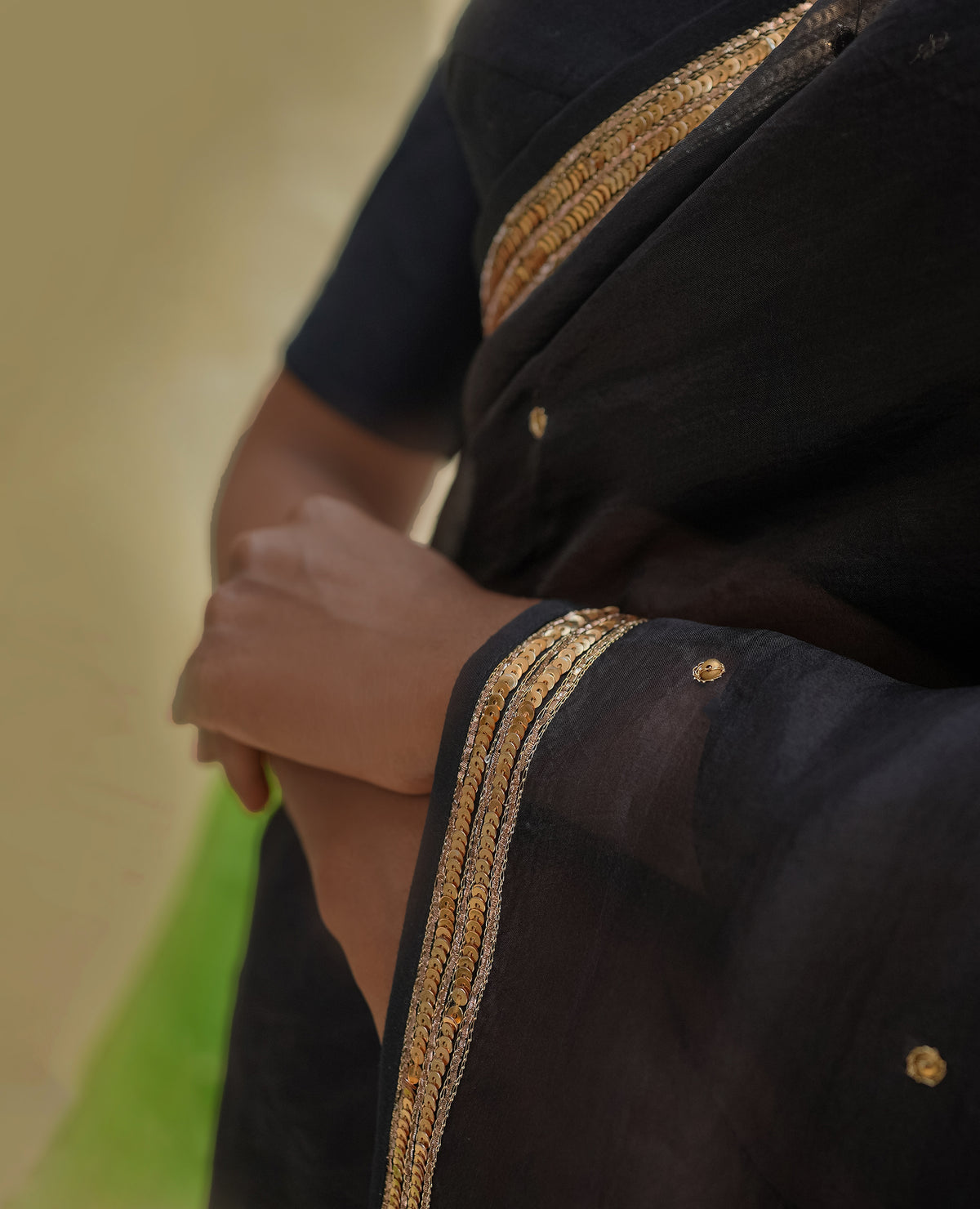 Black Organza Saree with Gold Zari Border & Embroidered Pallu