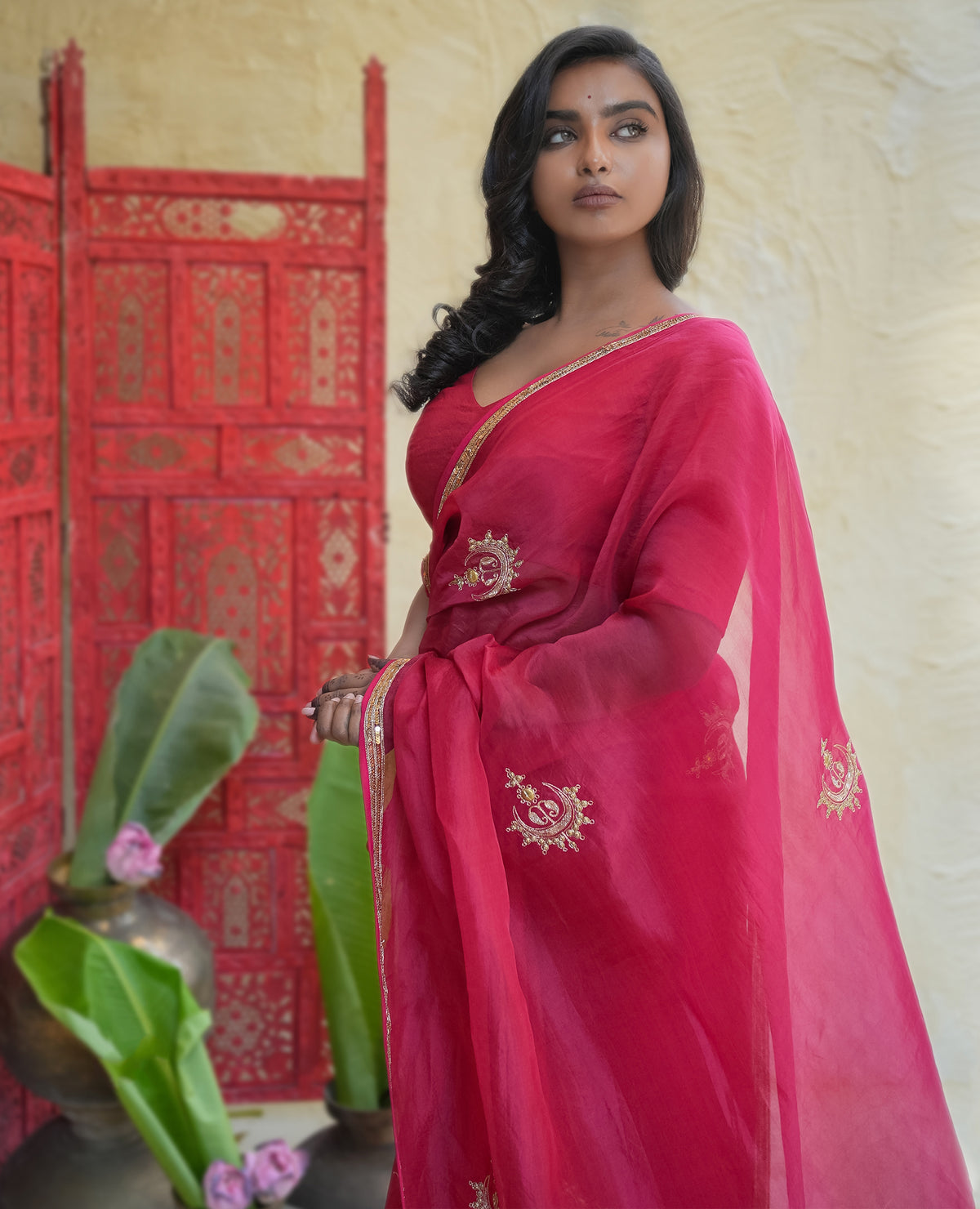 Rani Pink Organza Saree with Gold Zari Border & Embroidered Buttas
