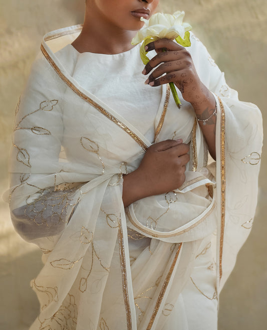 Ivory Organza Saree with Gold Floral Embroidery & Zari Border