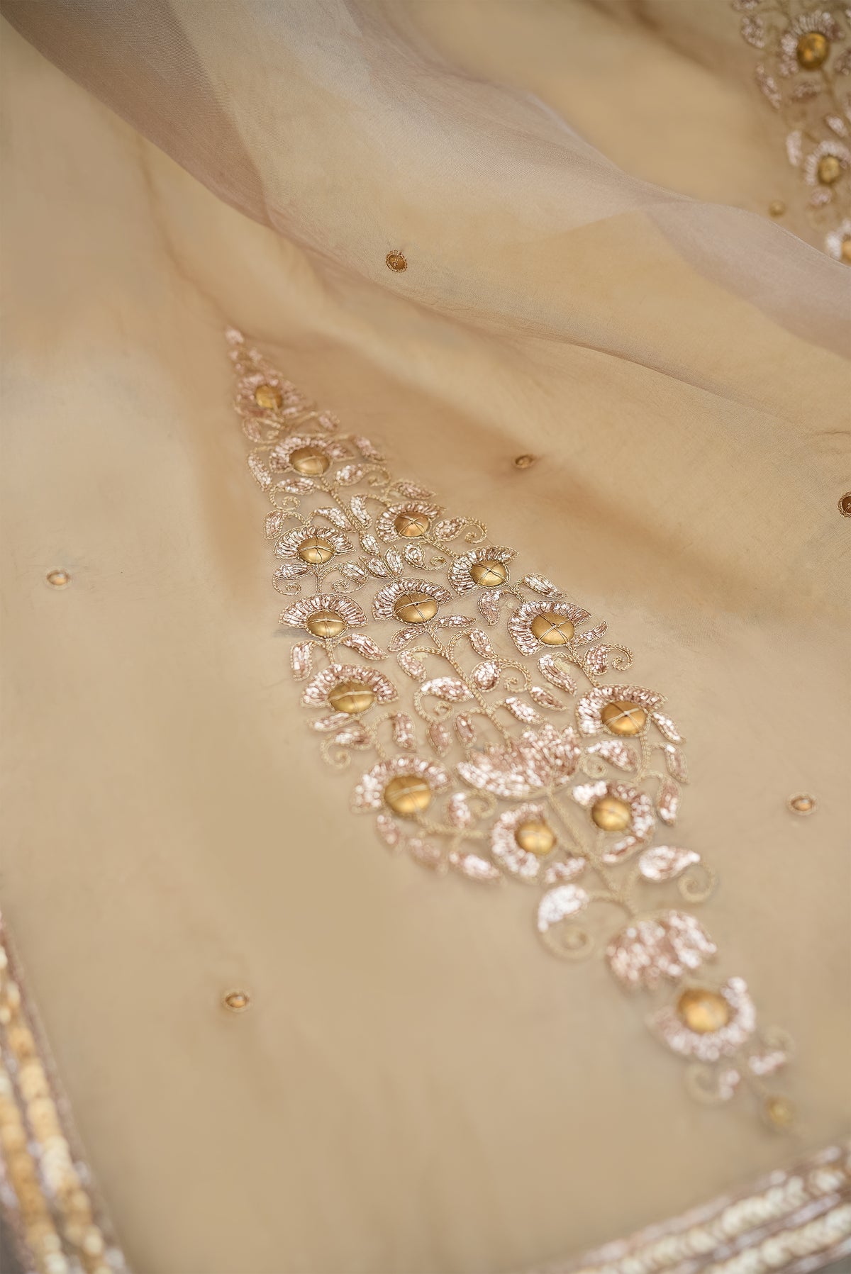 Champagne Gold Organza Saree with Zari Border & Sequin Buttas