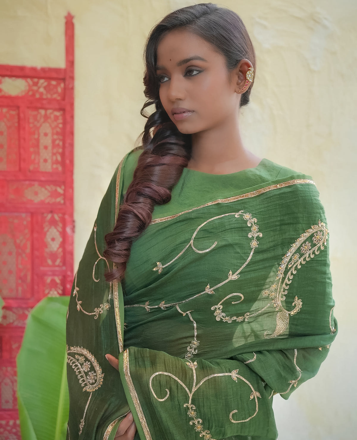 Emerald Green Chanderi Saree with Gold Vine Embroidery & Paisley Pallu
