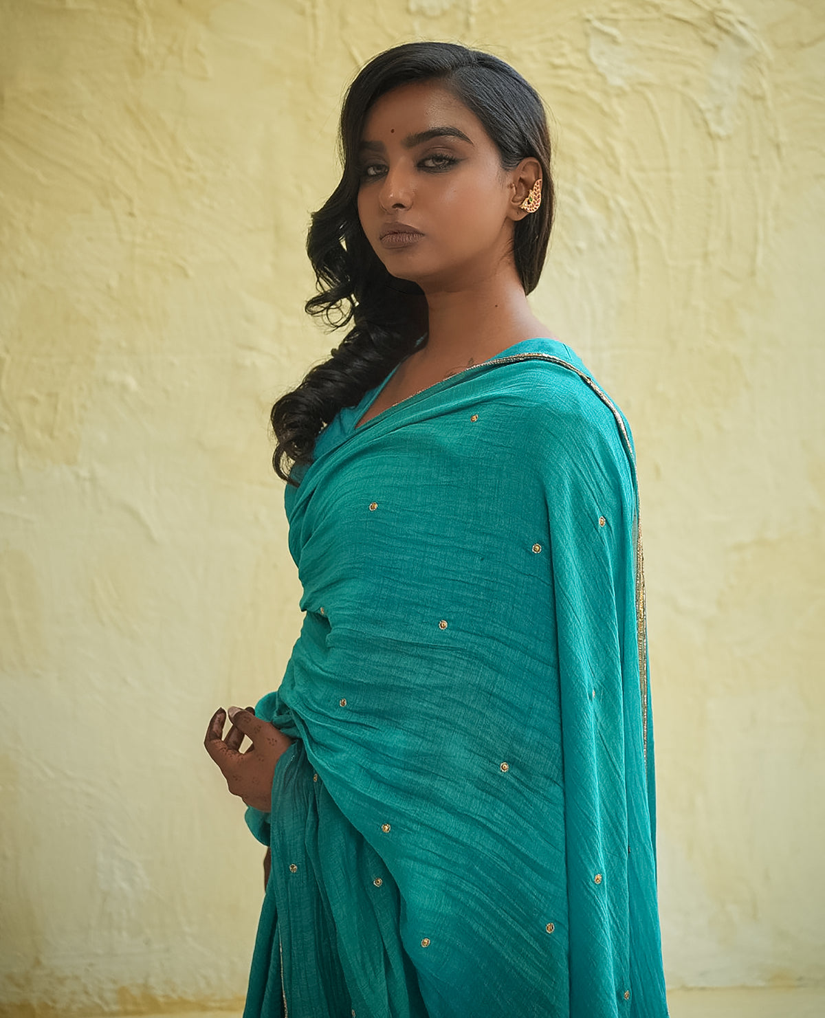 Teal Blue Chanderi Saree with Gold Zari Border & Embroidered Buttas