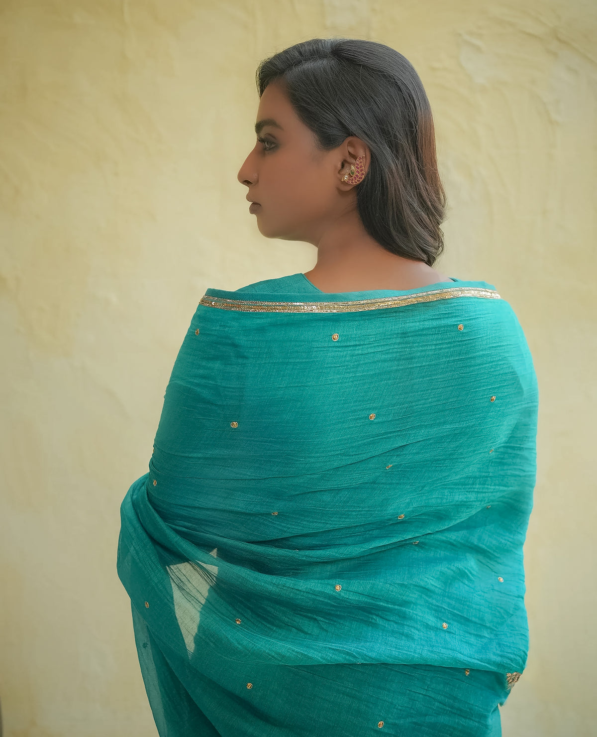 Teal Blue Chanderi Saree with Gold Zari Border & Embroidered Buttas