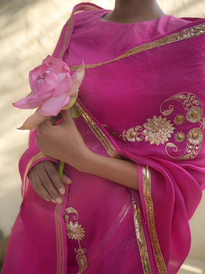 Hot Pink Organza Saree with Gold Zari Border & Embroidered Motifs