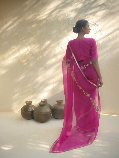 Hot Pink Organza Saree with Gold Zari Border & Embroidered Motifs