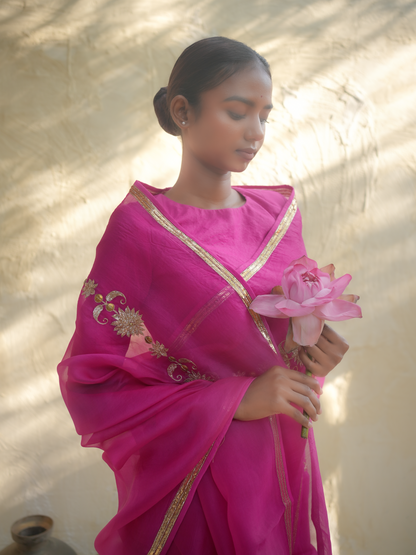 Hot Pink Organza Saree with Gold Zari Border & Embroidered Motifs
