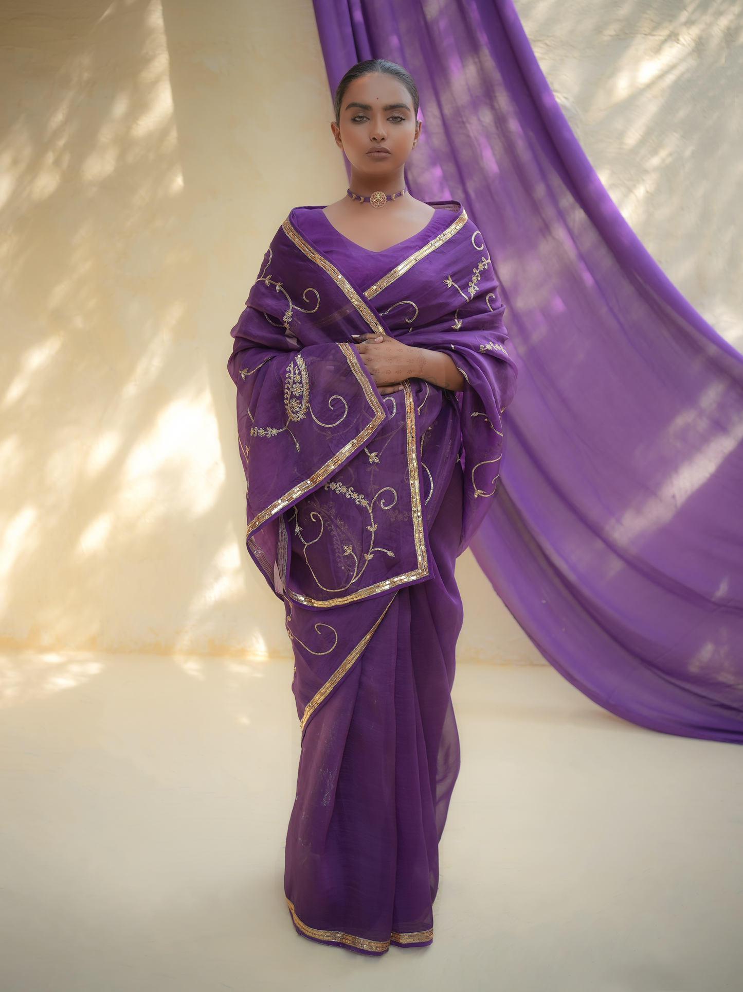 Royal Purple Organza Saree with Gold Vine Embroidery & Zari Border