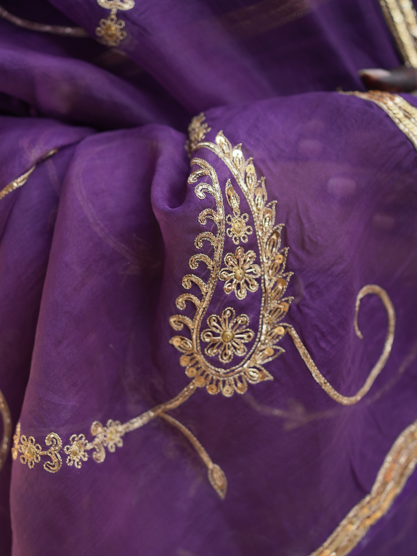 Royal Purple Organza Saree with Gold Vine Embroidery & Zari Border