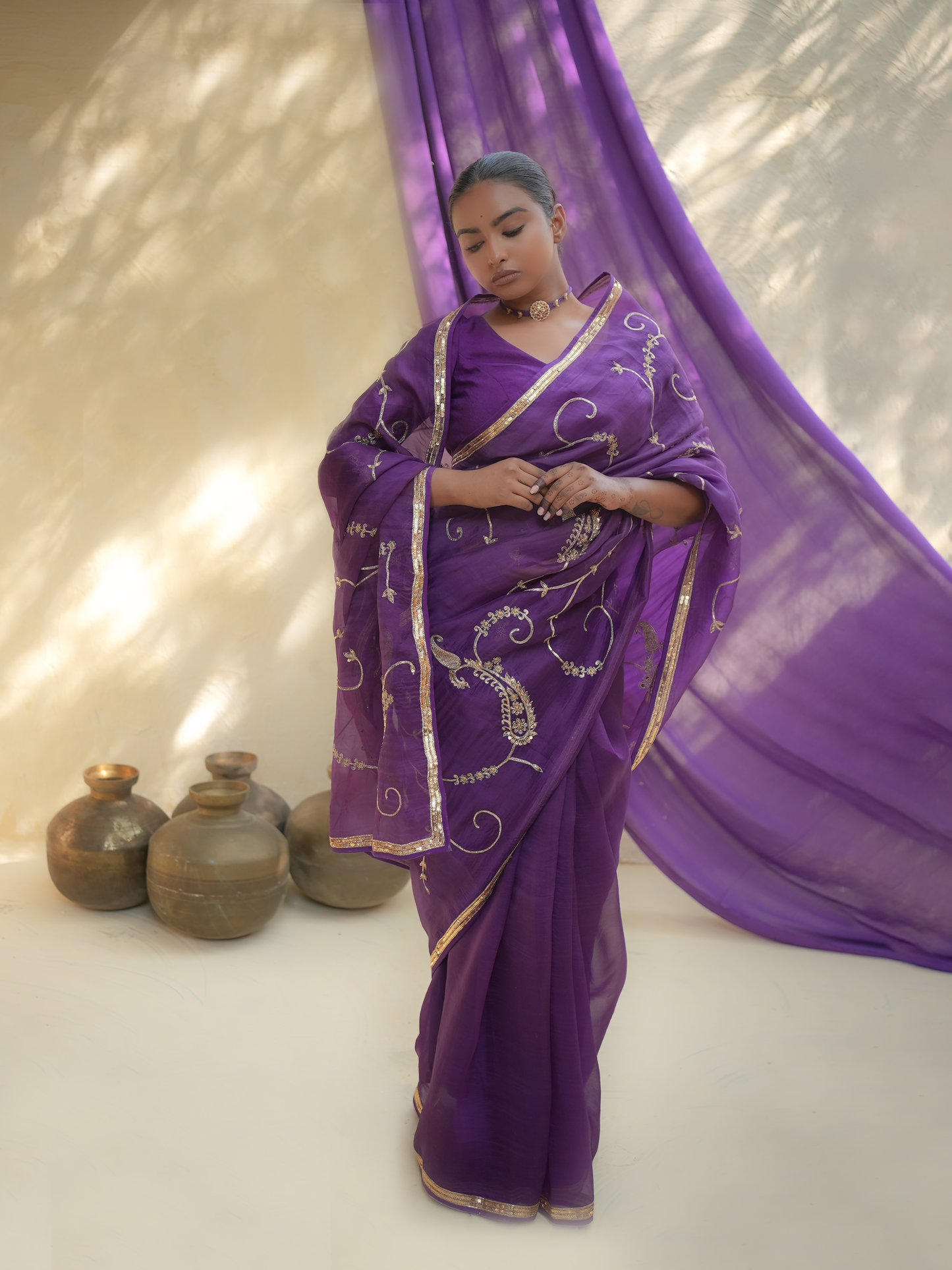 Royal Purple Organza Saree with Gold Vine Embroidery & Zari Border
