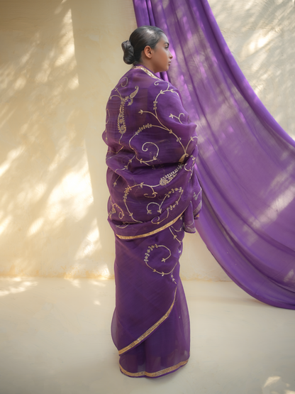 Royal Purple Organza Saree with Gold Vine Embroidery & Zari Border