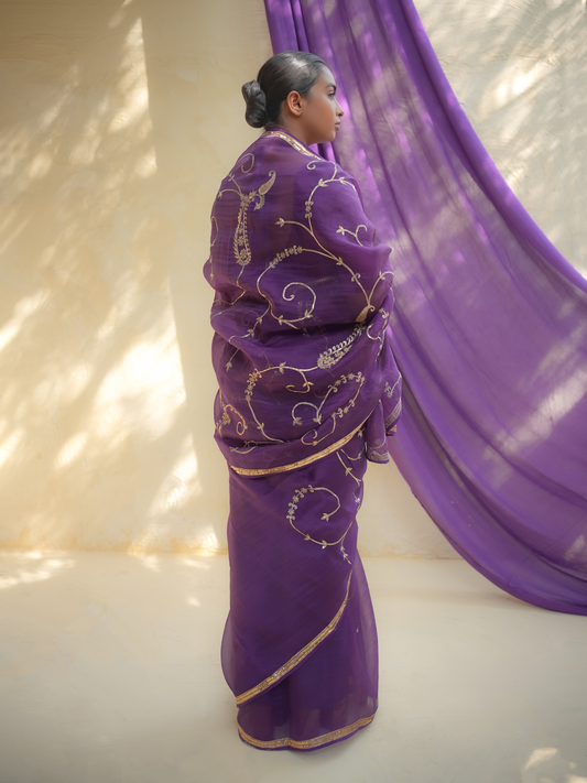 Royal Purple Chanderi Saree with Gold Vine Embroidery & Zari Border