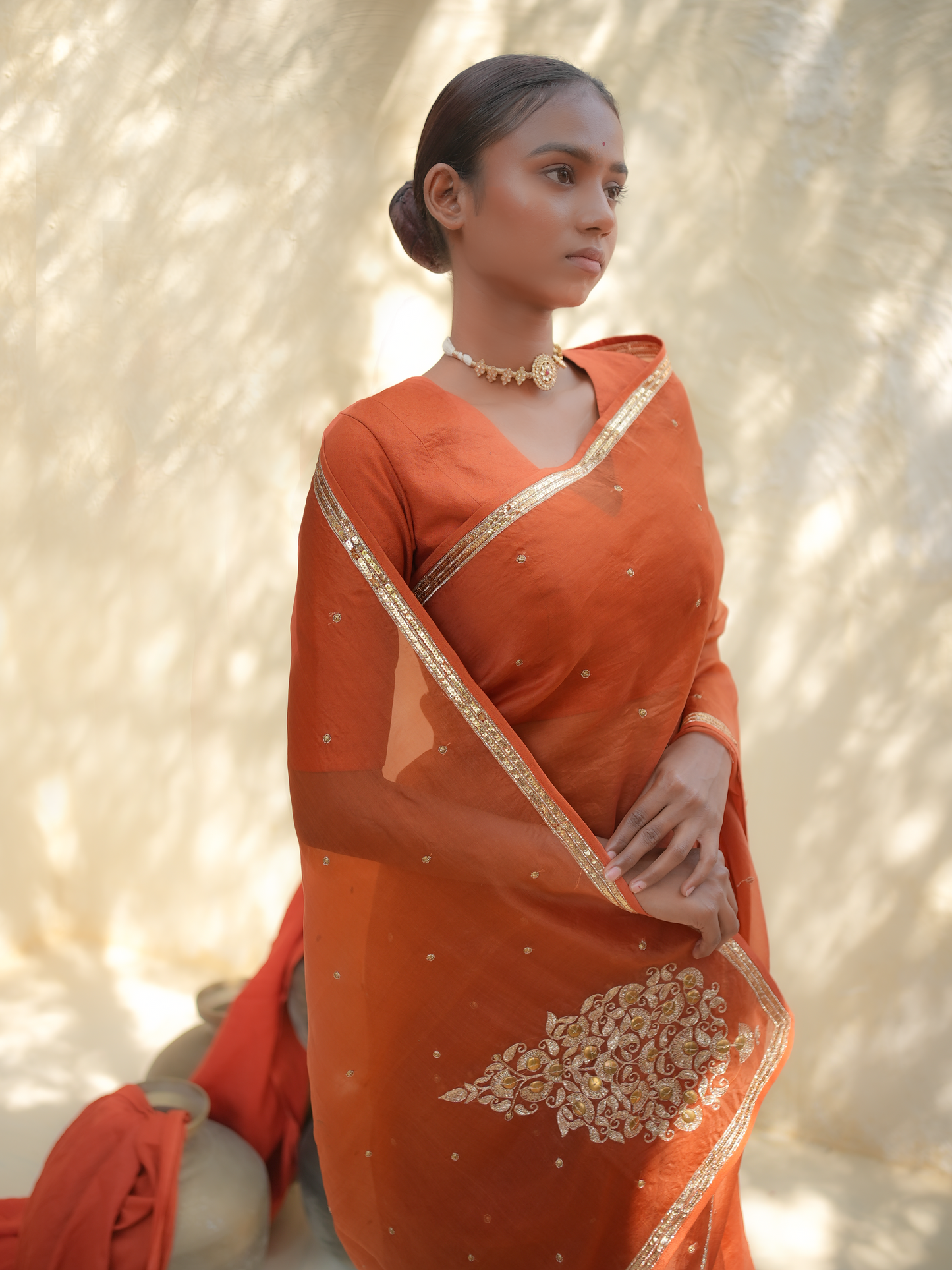 Rust Orange Organza Saree with Gold Zari Border & Embroidered Pallu