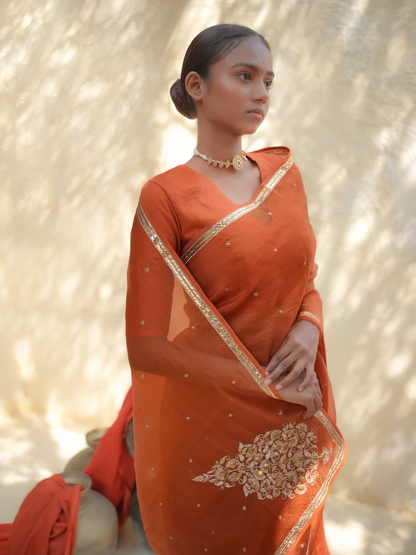 Rust Orange Organza Saree with Gold Zari Border & Embroidered Pallu
