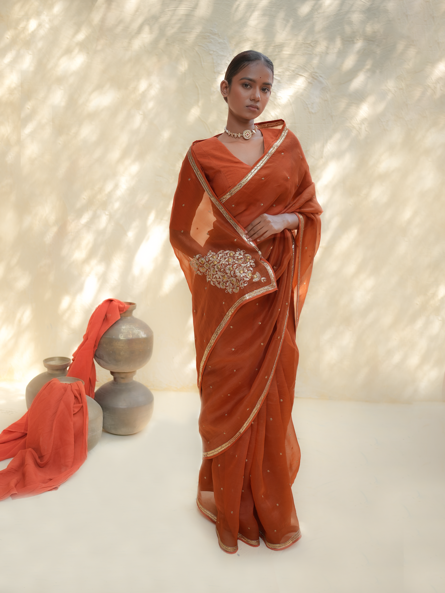 Rust Orange Organza Saree with Gold Zari Border & Embroidered Pallu