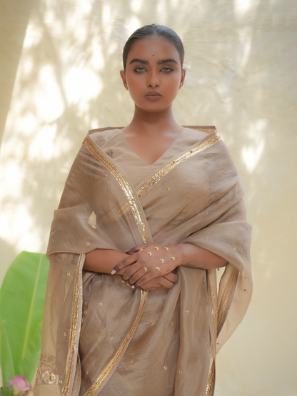 Champagne Gold Organza Saree with Zari Border & Sequin Buttas