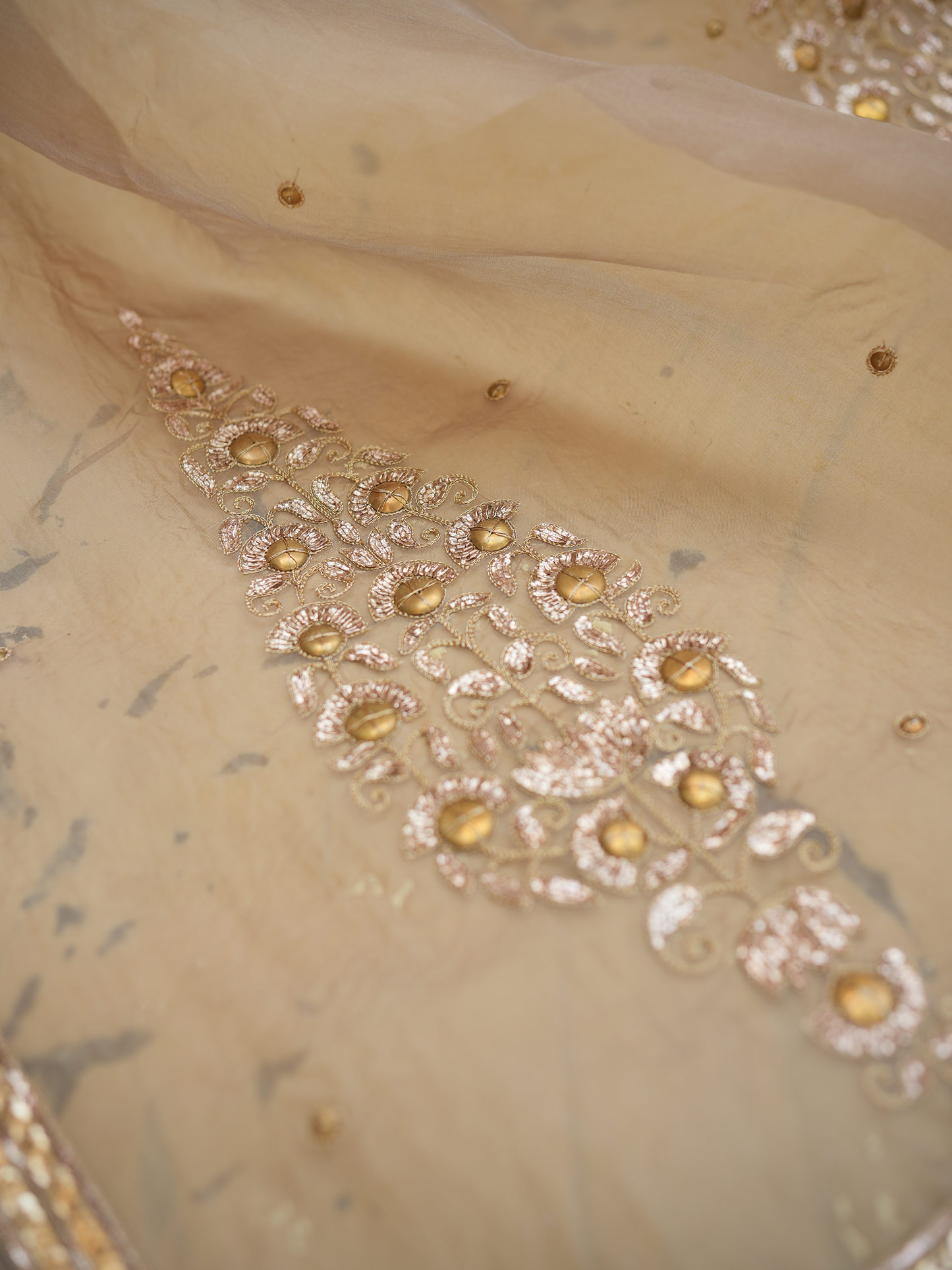 Champagne Gold Organza Saree with Zari Border & Sequin Buttas