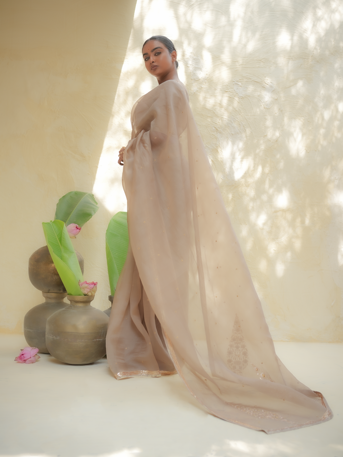 Champagne Gold Organza Saree with Zari Border & Sequin Buttas