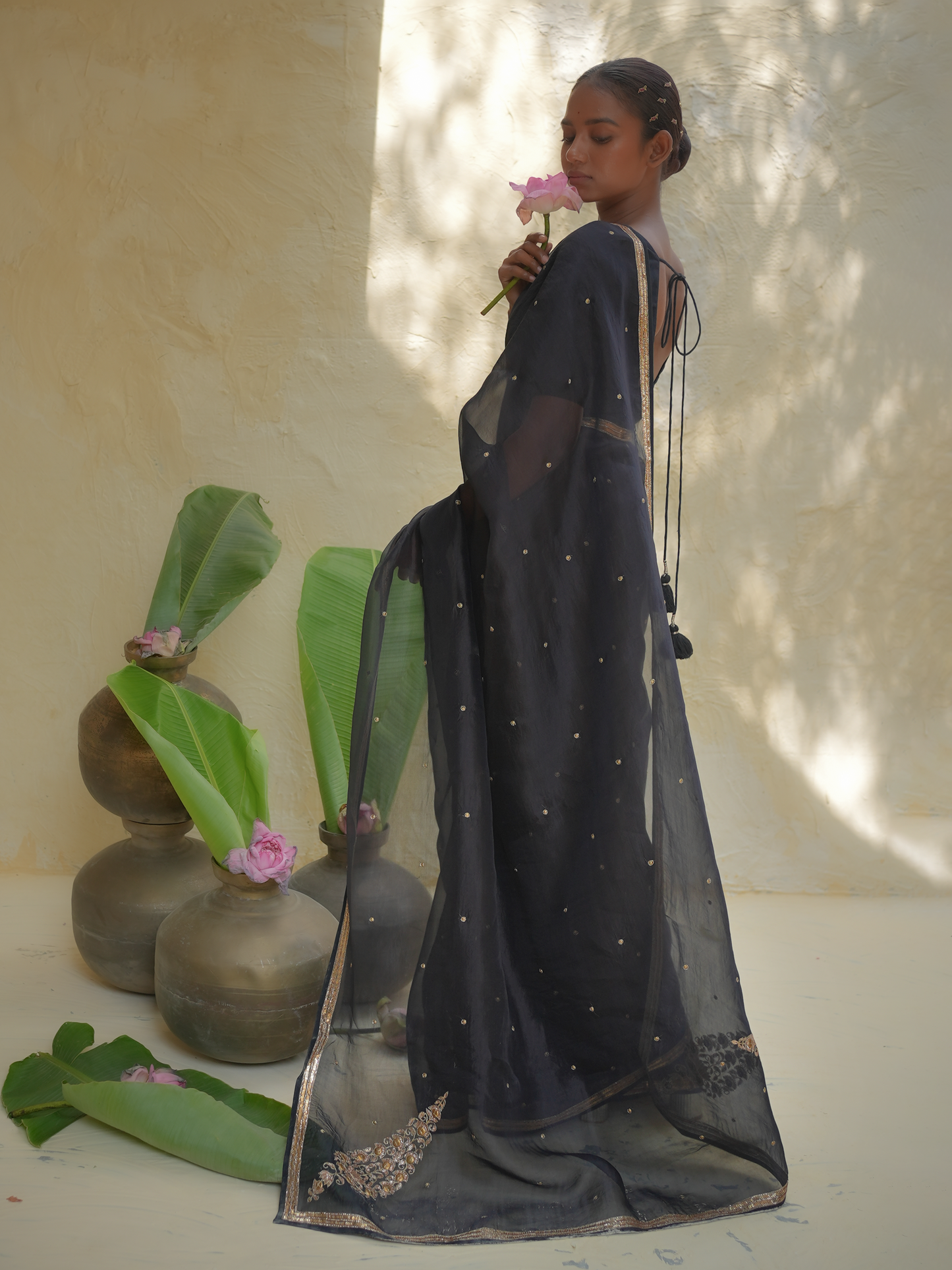 Black Organza Saree with Gold Zari Border & Embroidered Pallu
