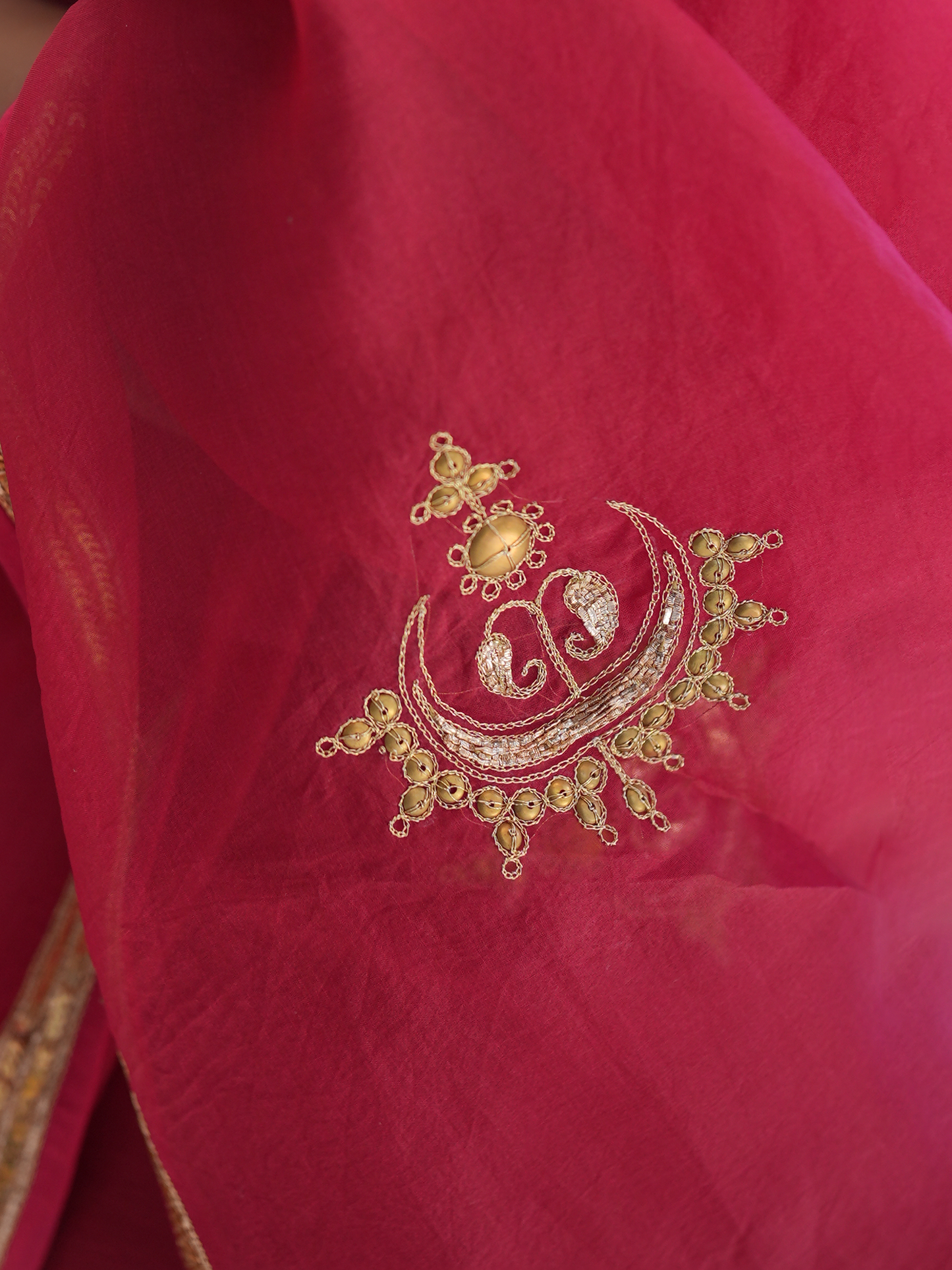 Rani Pink Organza Saree with Gold Zari Border & Embroidered Buttas