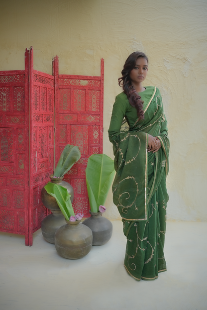 Emerald Green Organza Saree with Gold Vine Embroidery & Paisley Pallu