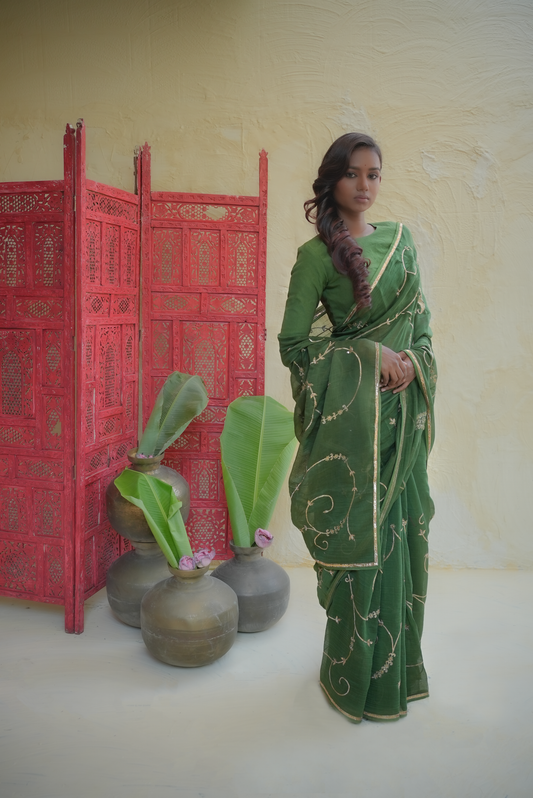Emerald Green Organza Saree with Gold Vine Embroidery & Paisley Pallu