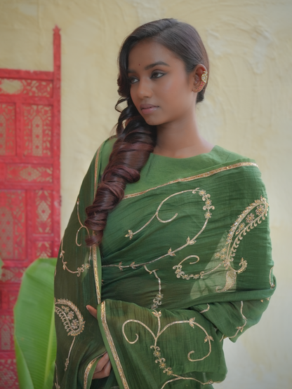 Emerald Green Organza Saree with Gold Vine Embroidery & Paisley Pallu
