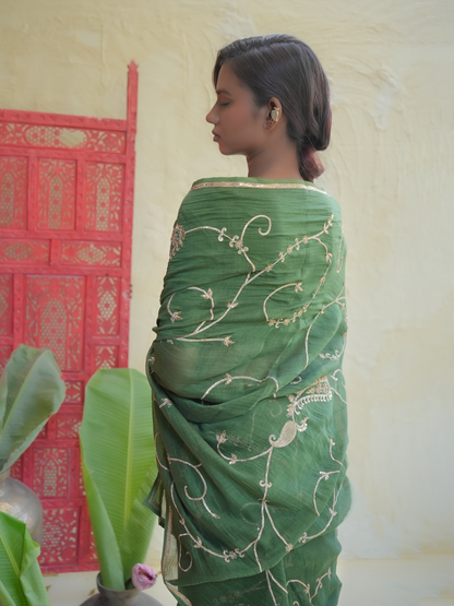Emerald Green Organza Saree with Gold Vine Embroidery & Paisley Pallu