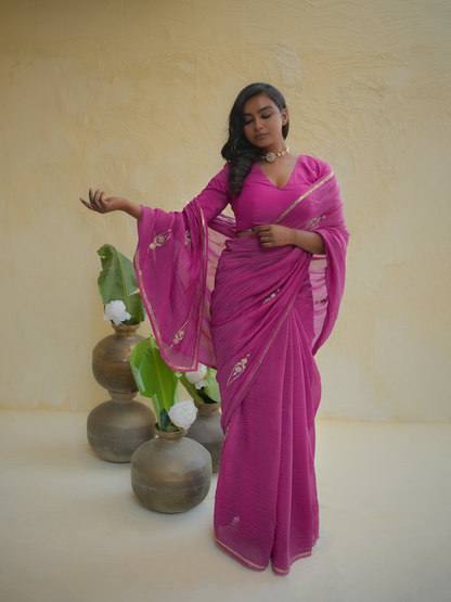 Rani Pink Textured Organza Saree with Gold Zari Border
