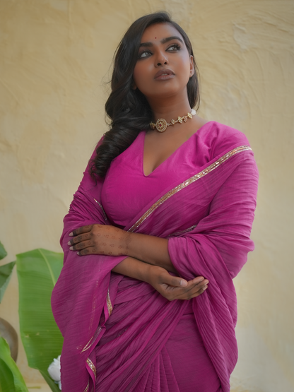 Rani Pink Textured Organza Saree with Gold Zari Border