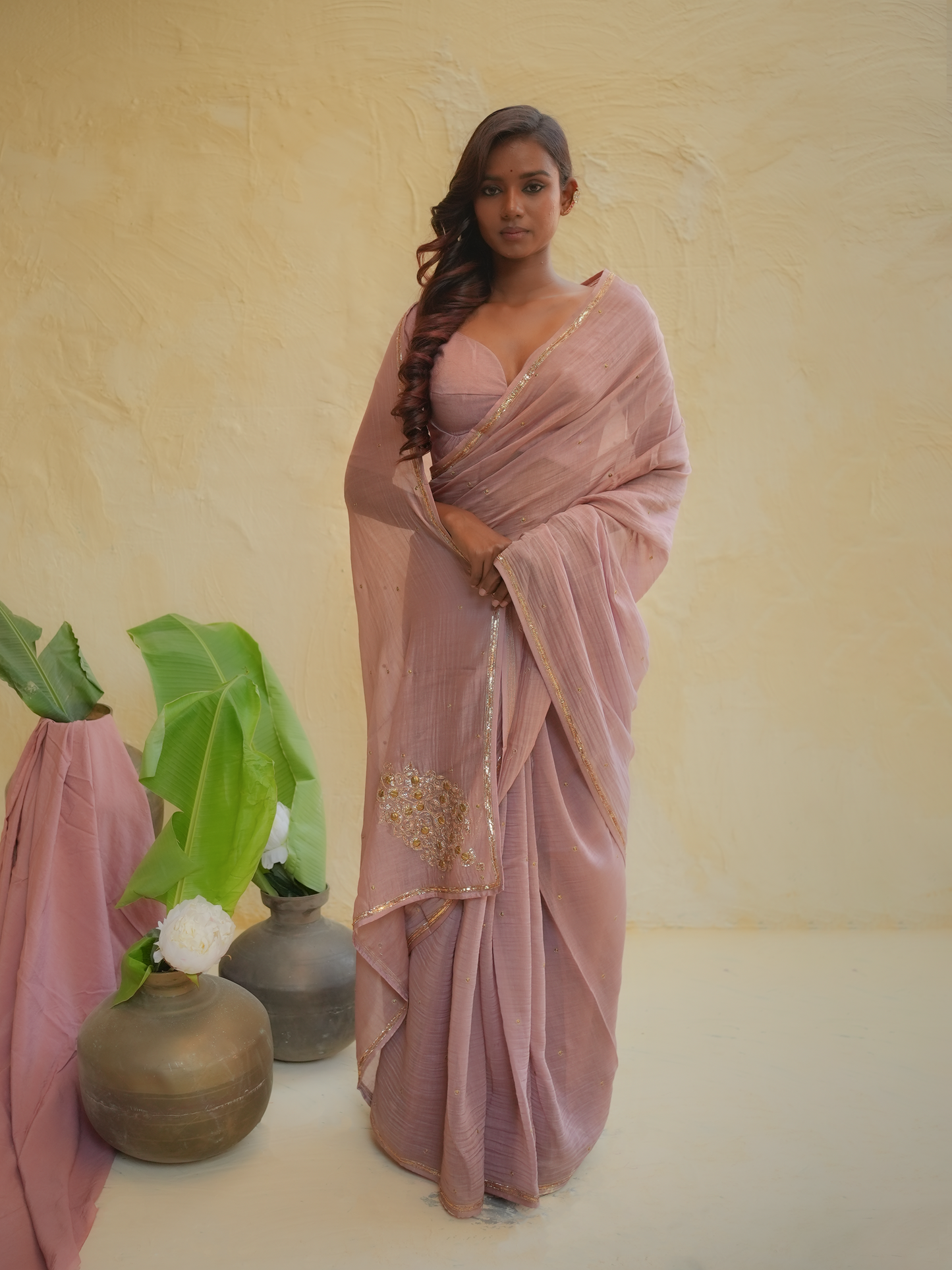 Dusty Rose Organza Saree with Gold Zari Border & Embroidered Pallu