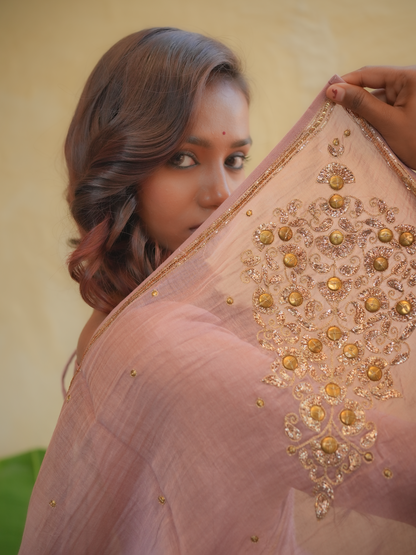 Dusty Rose Organza Saree with Gold Zari Border & Embroidered Pallu