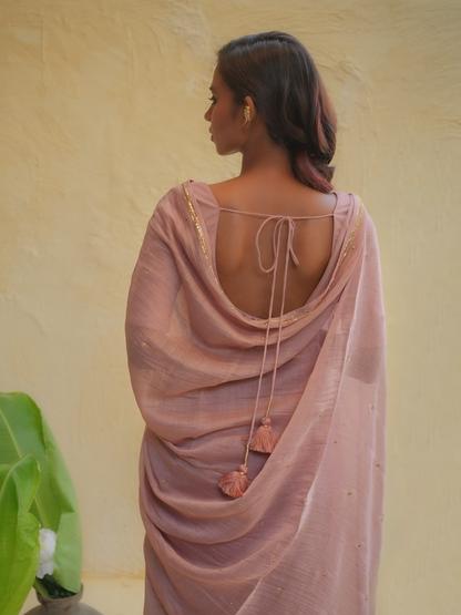 Dusty Rose Organza Saree with Gold Zari Border & Embroidered Pallu