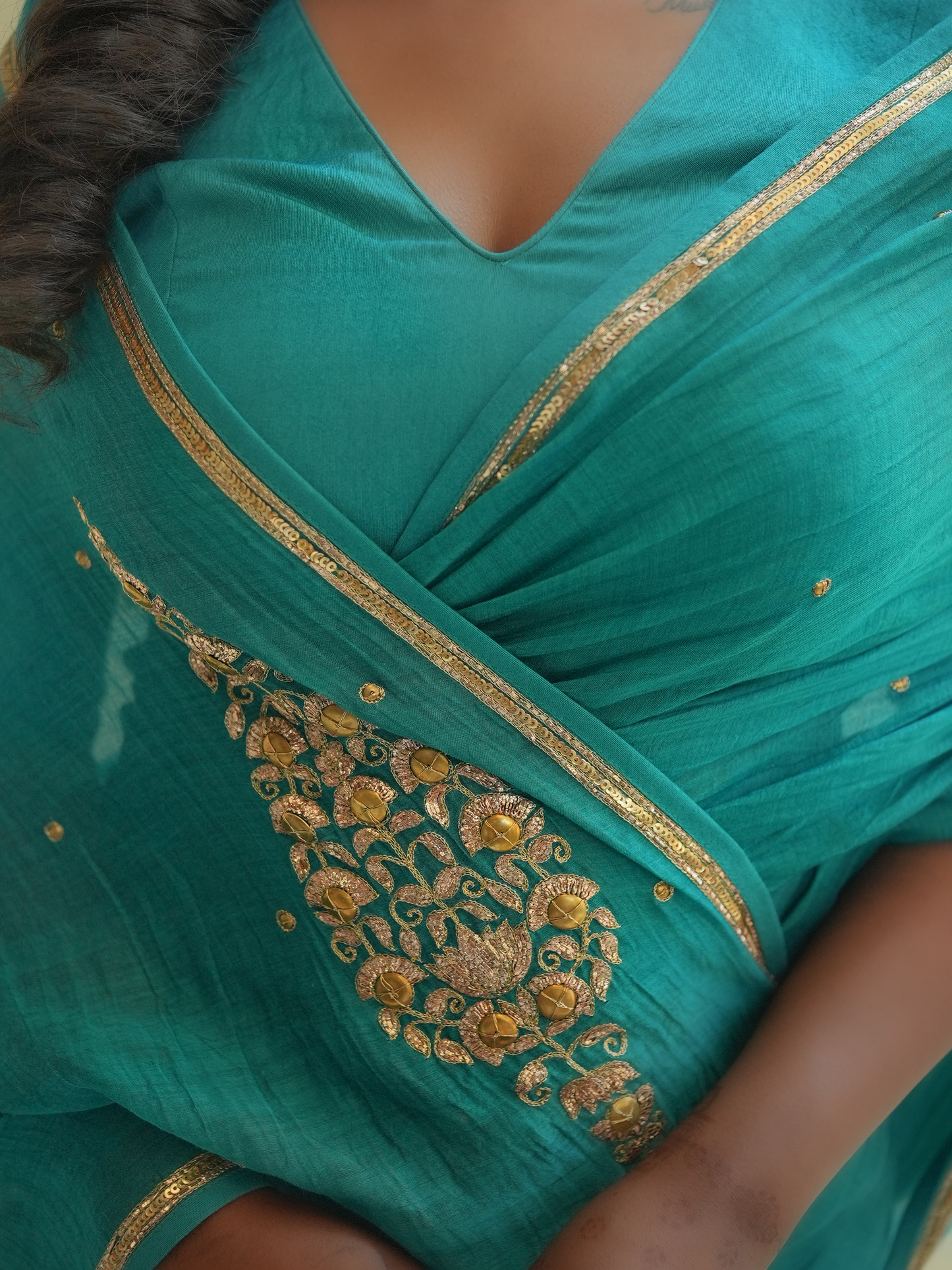 Teal Blue Organza Saree with Gold Zari Border & Embroidered Buttas