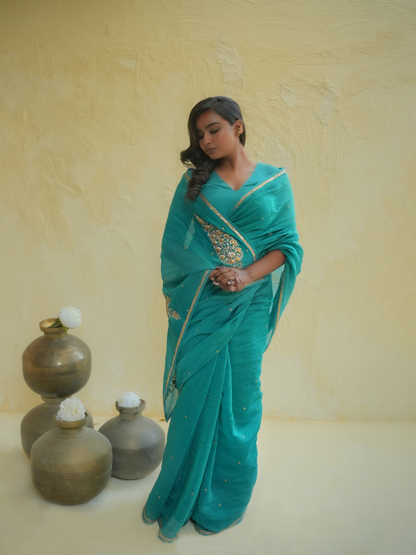 Teal Blue Organza Saree with Gold Zari Border & Embroidered Buttas