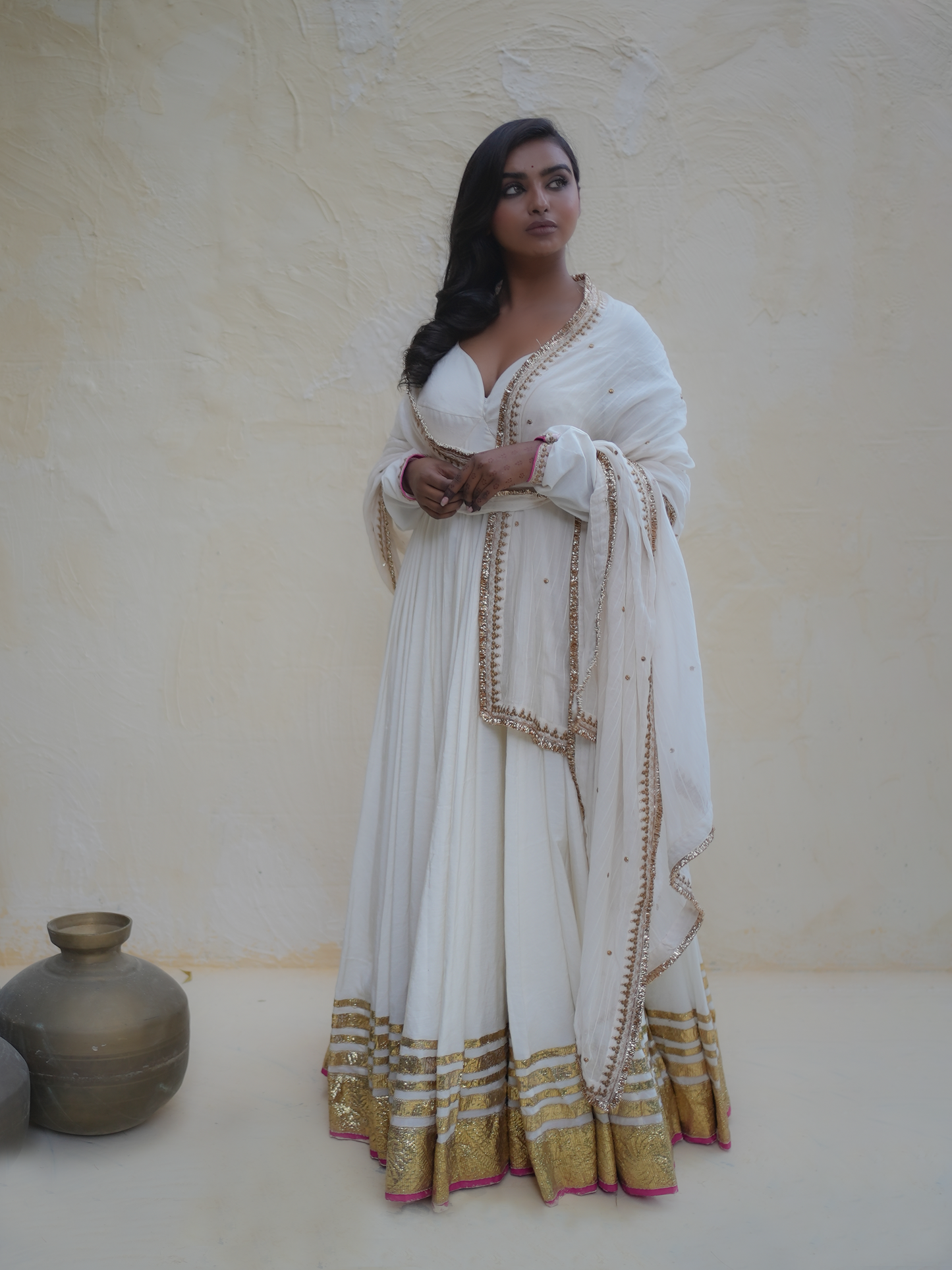 Ivory Lehenga Set with Gold Gota Border & Embellished Dupatta