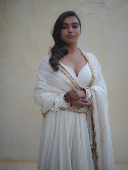 Ivory Lehenga Set with Gold Gota Border & Embellished Dupatta