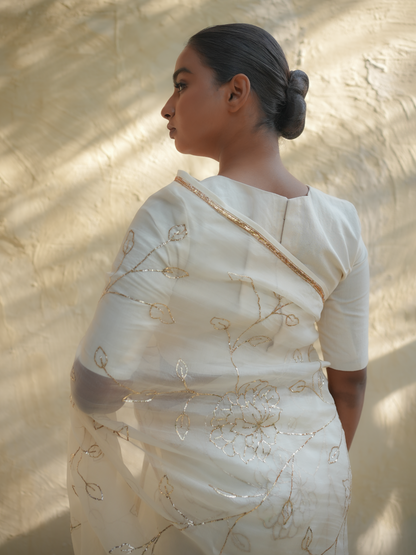 Ivory Organza Saree with Gold Floral Embroidery & Zari Border