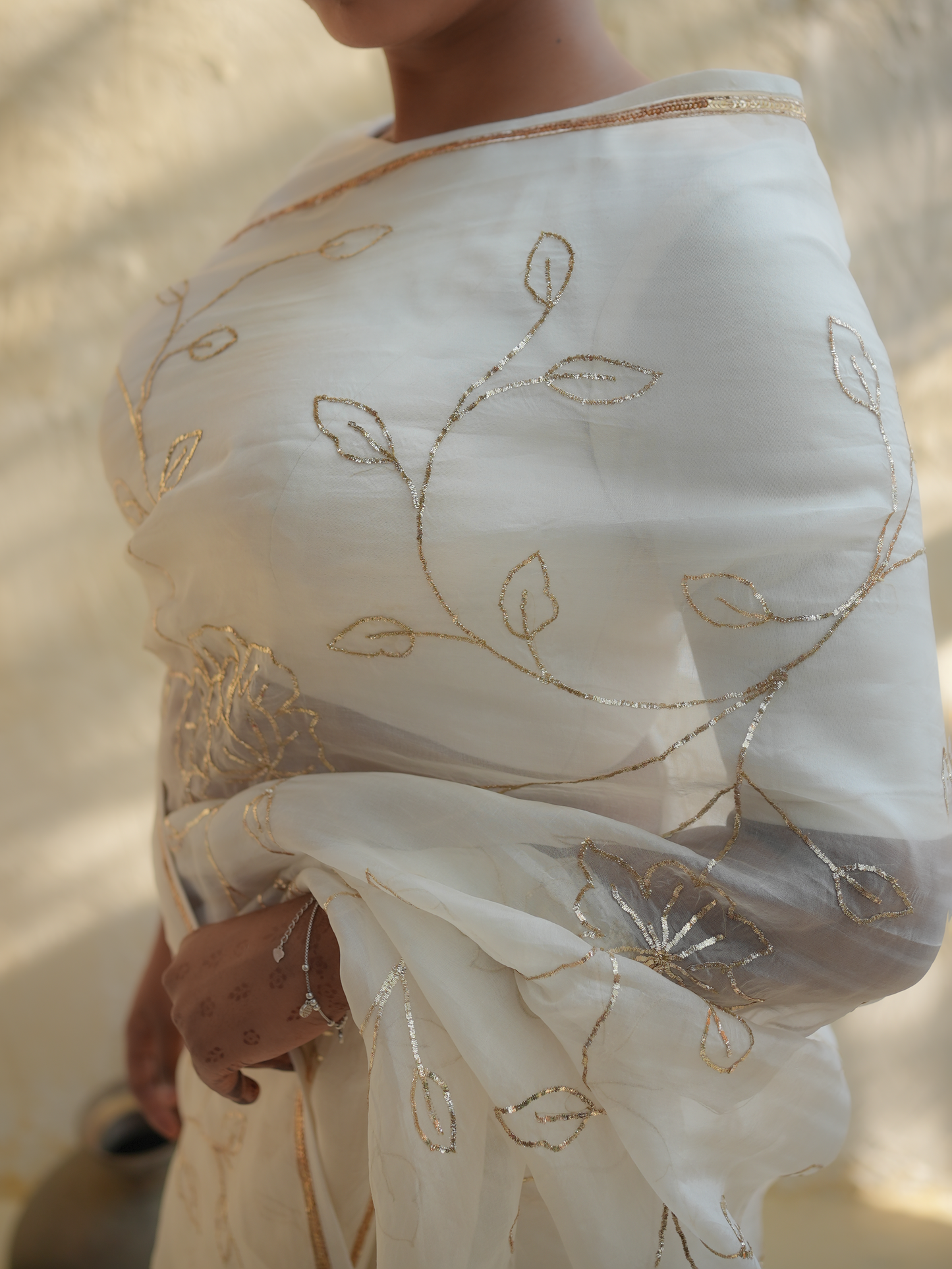 Ivory Organza Saree with Gold Floral Embroidery & Zari Border