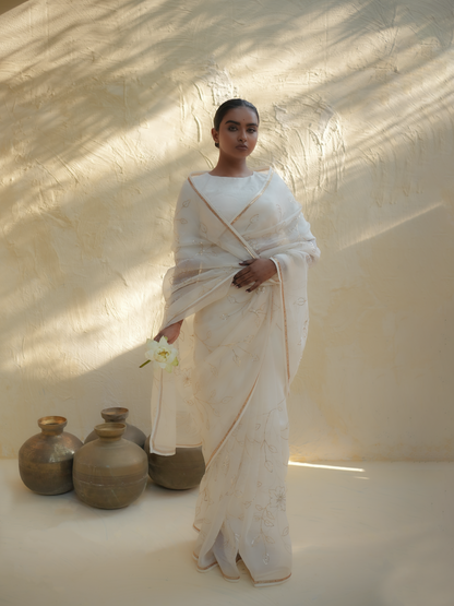 Ivory Organza Saree with Gold Floral Embroidery & Zari Border