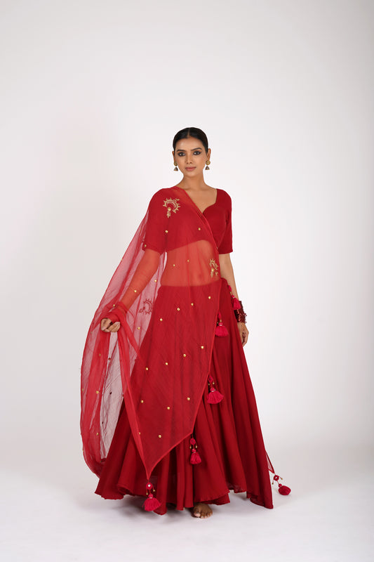 Ruhani Red Saanjh lehenga set