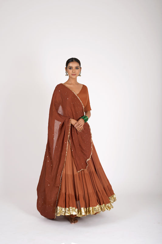 Tamira Reddish Brown Saanjh Lehenga Set