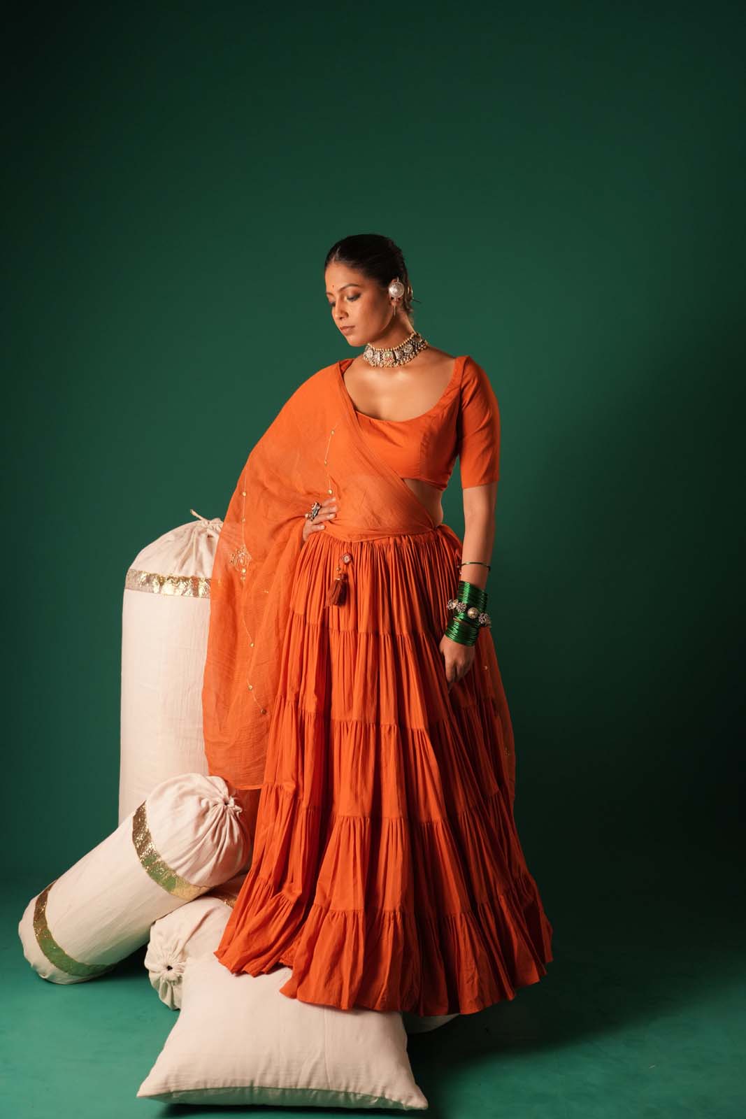 Rust Orange Handcrafted Cotton Lehenga Set