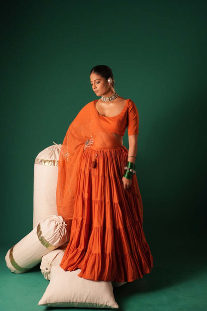 Rust Orange Handcrafted Cotton Lehenga Set
