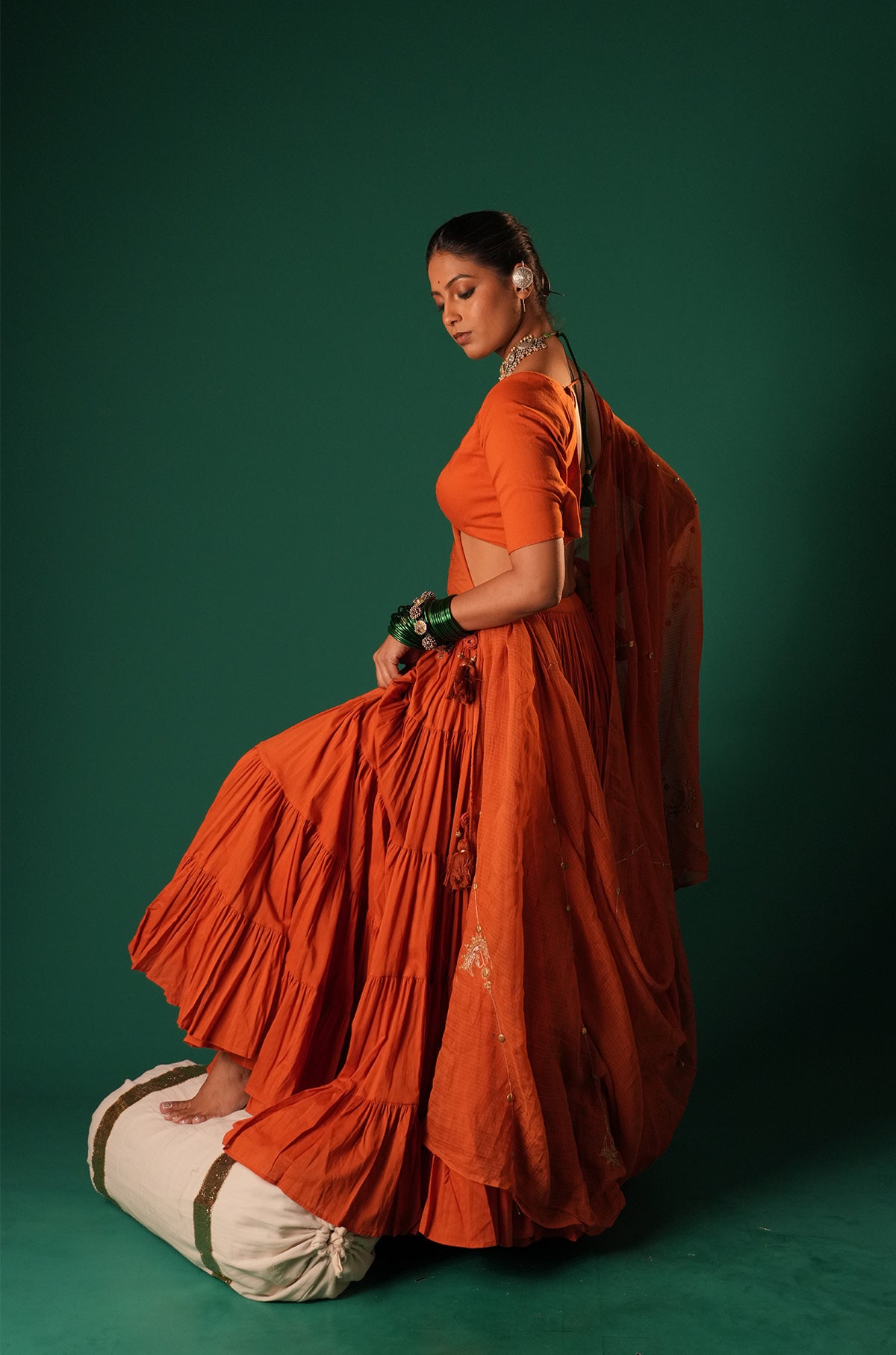 Rust Orange Handcrafted Cotton Lehenga Set