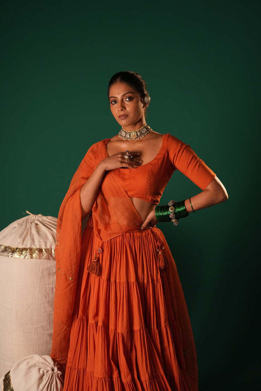 Rust Orange Handcrafted Cotton Lehenga Set