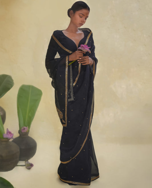 Black Organza Saree with Gold Zari Border & Embroidered Pallu