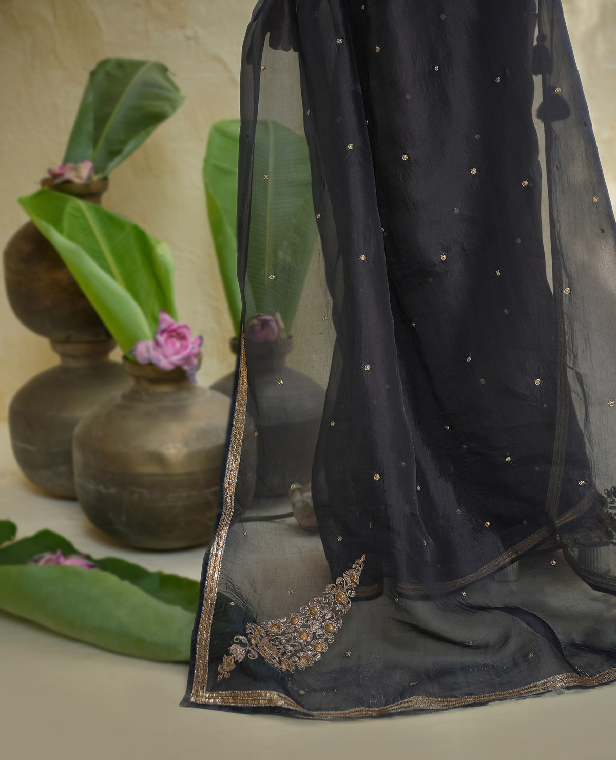 Black Organza Saree with Gold Zari Border & Embroidered Pallu