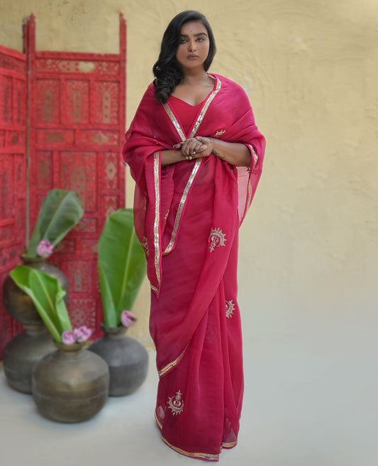Rani Pink Organza Saree with Gold Zari Border & Embroidered Buttas
