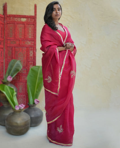 Rani Pink Organza Saree with Gold Zari Border & Embroidered Buttas